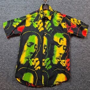 Roots Rasta Reggae Button Down Mens Medium Bob Marley Graphic Rayon Shirt